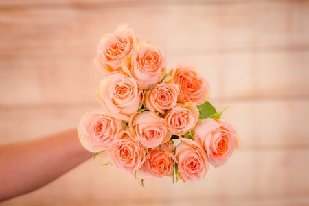 Women hand holding a bouquet of peach  roses variety, studio shot.の写真素材