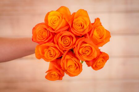 Women hand holding a bouquet of Confidential roses variety, studio shot.の写真素材