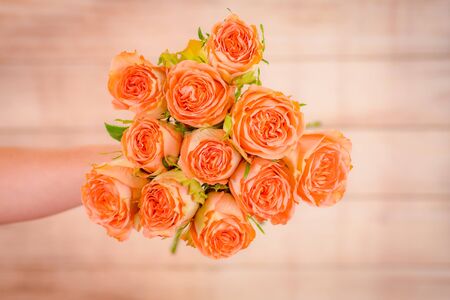 Women hand holding a bouquet of Country Home roses variety, studio shot.の写真素材