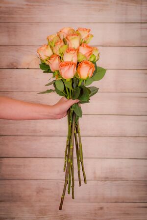 Women hand holding a bouquet of Country Home roses variety, studio shot.の写真素材