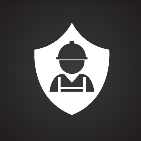 Worker on shield on black background iconの写真素材