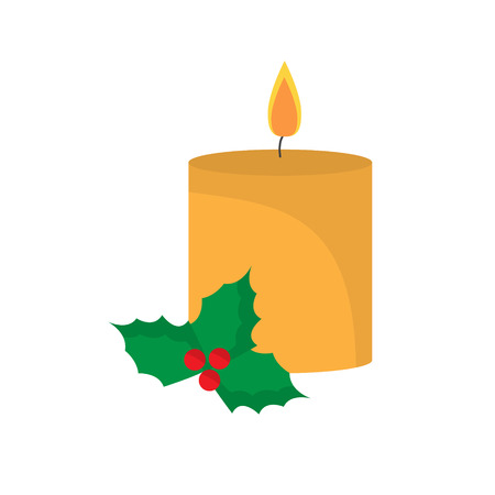 Christmas candle with holly flat on white background iconの写真素材