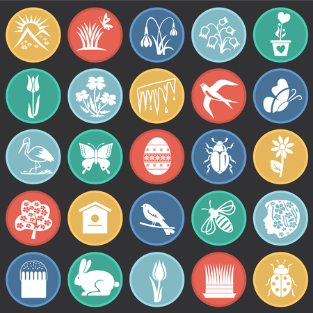 Spring set on color circles black background iconの写真素材