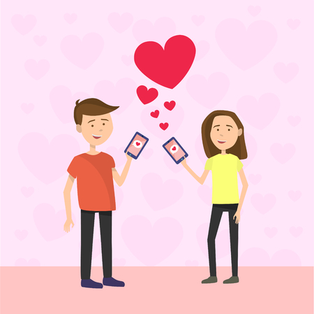 Flat Couple chatting on Valentines day on pink backgroundのイラスト素材