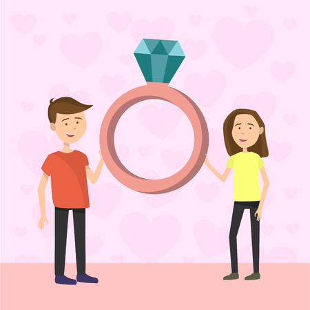 Flat Couple on Valentines day engagement proposal on pink backgroundのイラスト素材