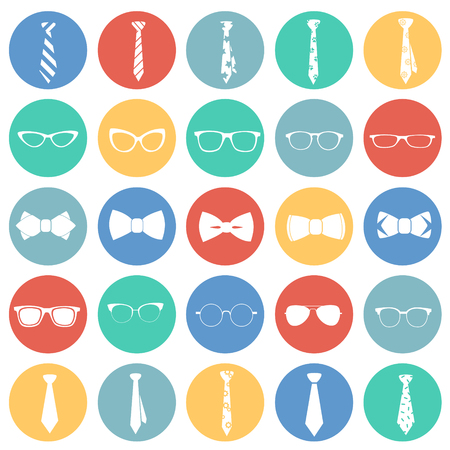 Trendy accessories tie bow eye glasses set on color circles background iconsのイラスト素材
