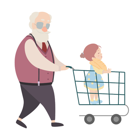 Grandfather and granddaughter cartoon characters on white background.のイラスト素材