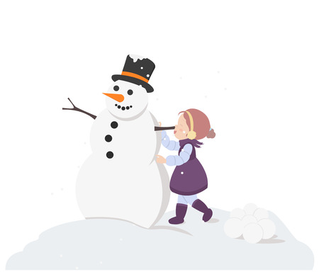 Little girl makes snowman on white background for graphic and web design, Modern simple vector sign. Internet concept. Trendy symbol for website design web button or mobile appのイラスト素材