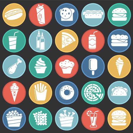 Fasfood icons set on color circles black background for graphic and web design, Modern simple vector sign. Internet concept. Trendy symbol for website design web button or mobile appのイラスト素材