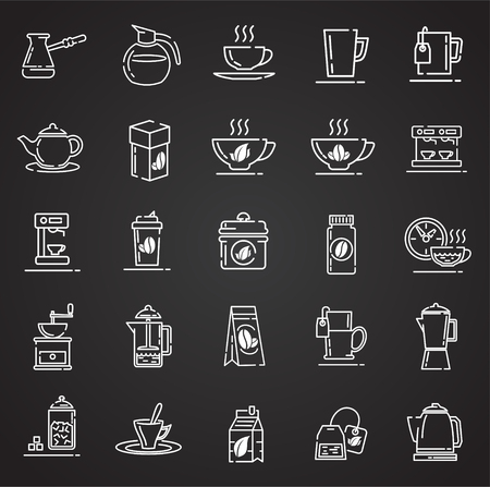 Tea and coffee outline icons set on black background for graphic and web design, Modern simple vector sign. Internet concept. Trendy symbol for website design web button or mobile appのイラスト素材