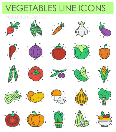 Vegetables line icons set on white background for graphic and web design, Modern simple vector sign. Internet concept. Trendy symbol for website design web button or mobile appのイラスト素材