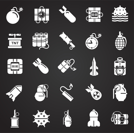 Bomb and weapon icons set on balck background for graphic and web design, Modern simple vector sign. Internet concept. Trendy symbol for website design web button or mobile appのイラスト素材