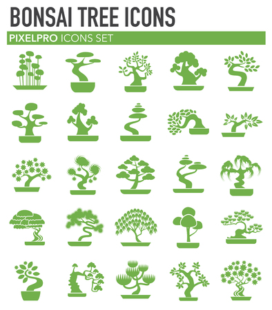 Bonsai icons green set on white background for graphic and web design. Simple vector sign. Internet concept symbol for website button or mobile appのイラスト素材