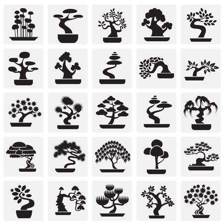 Bonsai icons set on squares background for graphic and web design. Simple vector sign. Internet concept symbol for website button or mobile app.のイラスト素材