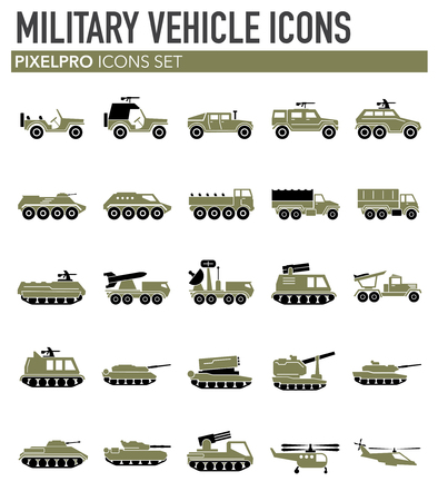 Military vehicles icons set on white background for graphic and web design. Simple vector sign. Internet concept symbol for website button or mobile app.のイラスト素材