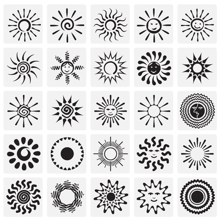 Sun icons set on squares background for graphic and web design. Simple vector sign. Internet concept symbol for website button or mobile app.のイラスト素材