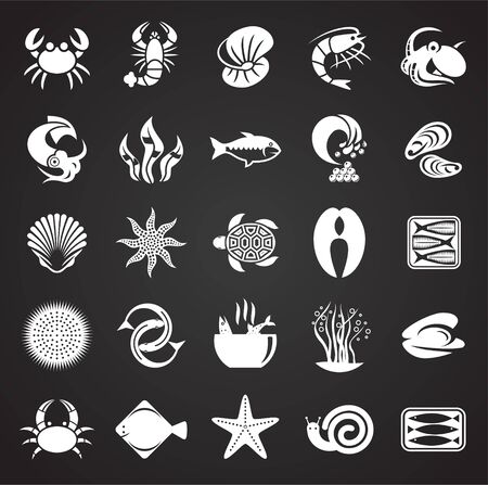 Seafood related icon set on background for graphic and web design. Simple illustration. Internet concept symbol for website button or mobile appのイラスト素材
