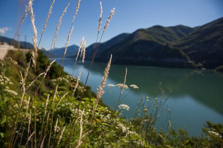 Jinvali water reservoir, Georgia. Jinvali water reservoir and mountains in Georgia.の写真素材