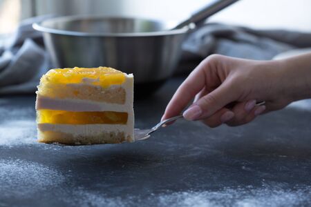 Mango fruit Mousse Cake, decorated with fresh fruits in jelly. Whipped cheese with biscuits.の写真素材