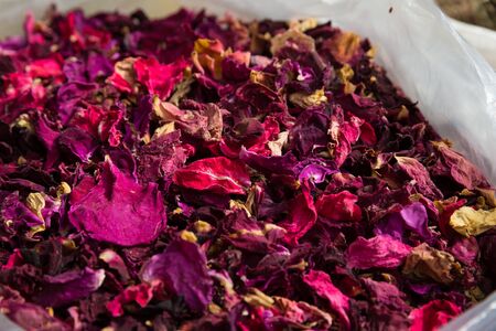 Different herbs in bags on a street market in Lagich, Azerbaijanの写真素材