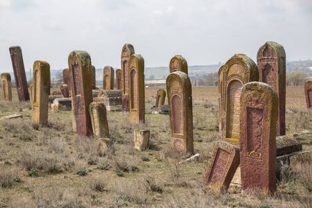 Ancient muslim cemetery near Agstafa, Azerbaijan with writings on farsi for graphic and web design, for website or mobile appの写真素材