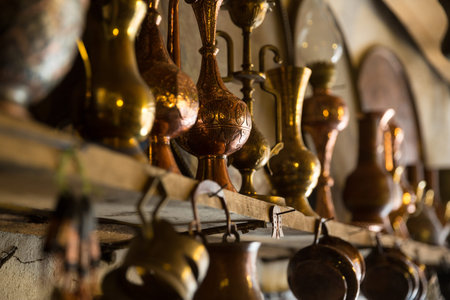 Coppersmith workshop and hand made copper things, Lahich, Azerbaijan.の写真素材