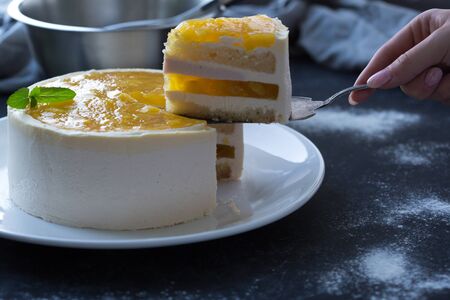 Mango fruit Mousse Cake, decorated with fresh fruits in jelly. Whipped cheese with biscuits.の写真素材