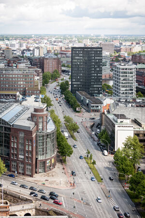 Hamburg, Germany - June 1, 2006: An elevated view of downtown Hamburg, Germany with fiancial businesses in view along the main highway.のeditorial素材