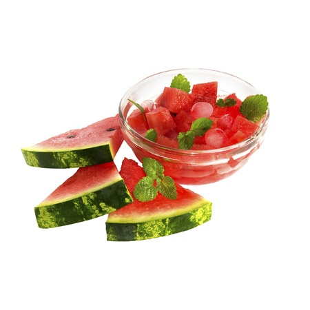 plate with a dessert of fresh watermelon on a white backgroundの写真素材