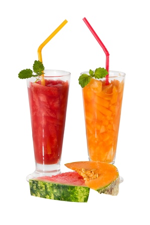 drink of watermelon and melon with strawsの写真素材