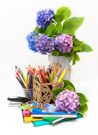 Teacher Day  Bouquet of flowers hydrangeas and school objects の写真素材