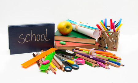 School objects  Teacher Day   notebooks, books, crayons   の写真素材