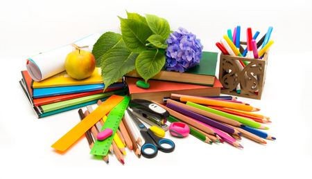  Hydrangea flower and school objects   Teacher Day  notebooks, books, crayons の写真素材