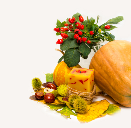 Harvested pumpkins with autumn leaves, chestnuts, rosehip, candle  の写真素材