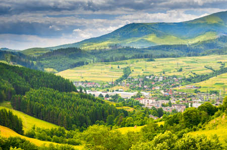Landscape of a small village in the Carpathian mountainsの写真素材