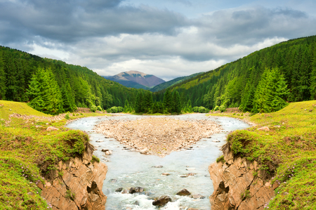 Mountain river surrounded by pine forests with high mountains in the background.の写真素材
