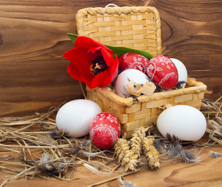 Chicken and Easter eggs in a basket with tulips on wooden background.の写真素材