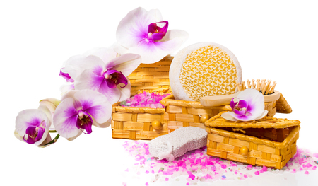 Spa concept. Twig orchid, boxes with salt and other accessories for of SPA treatments.の写真素材