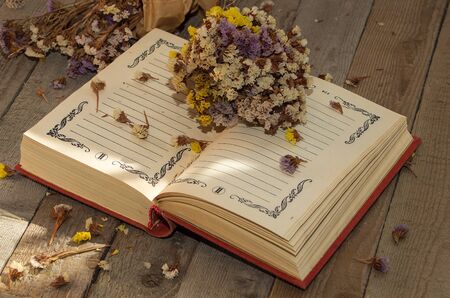 Book to write notes with dried flowers, herbs on wooden background.の写真素材