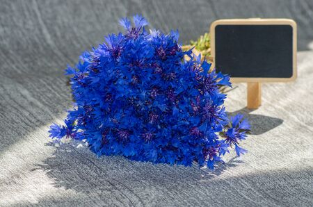 bouquet of blue cornflowers with tablet for textの写真素材
