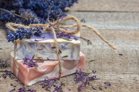 Lavender handmade soap on a wooden background.Soft focusの写真素材