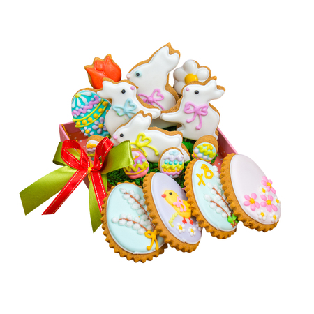 Easter cookie white bunny and colored eggsの写真素材