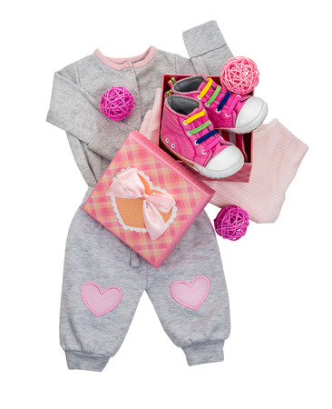 Set of baby clothes for baby girl pink and grey colorの写真素材