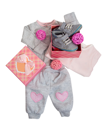 Set of baby clothes for baby girl pink and grey colorの写真素材