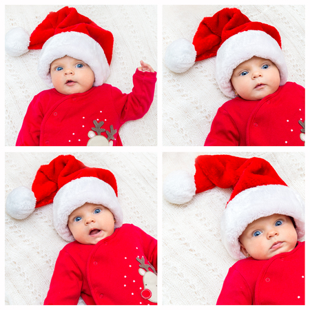 Collage of little baby girl in santa hat looks at camera.の写真素材
