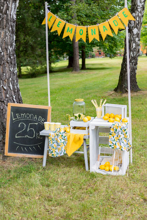 Lemonade stand with lemons and oranges on a green lawnの写真素材