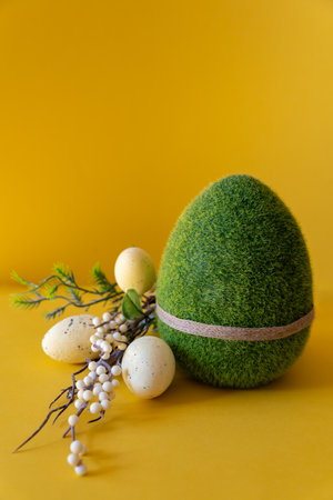 Easter composition on a yellow background. Green Easter egg and a branch with Easter eggs with space for text.の写真素材