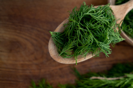 Close-up of chopped fresh dill on a wooden spoon on a brown kitchen board background. Preparing for freezing. Concept of aromatic herbs for cooking.の写真素材