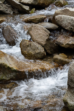 Streaming water in a small mountain stream with rocks and stones.の写真素材