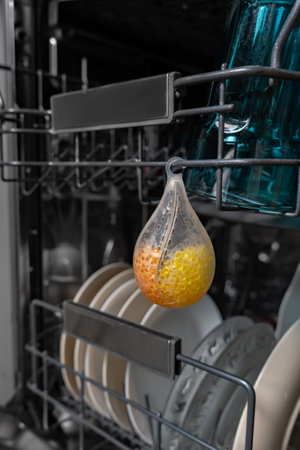 Close-up of dishwasher freshener on the background of washed dishes. Keeping the kitchen clean. Eco-friendly dishwashing detergent.の写真素材